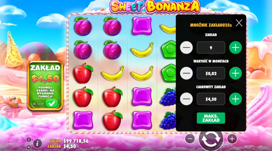 Sweet Bonanza - przykładowy ekran gry z widoczną siatką 6x5