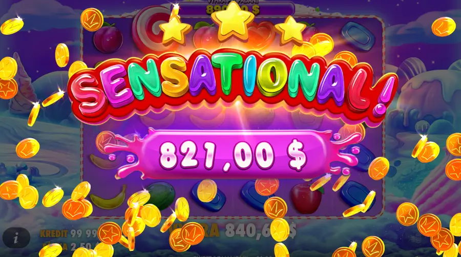 Sweet Bonanza - przykładowa plansza z symbolami i elementami funkcji bonusowych